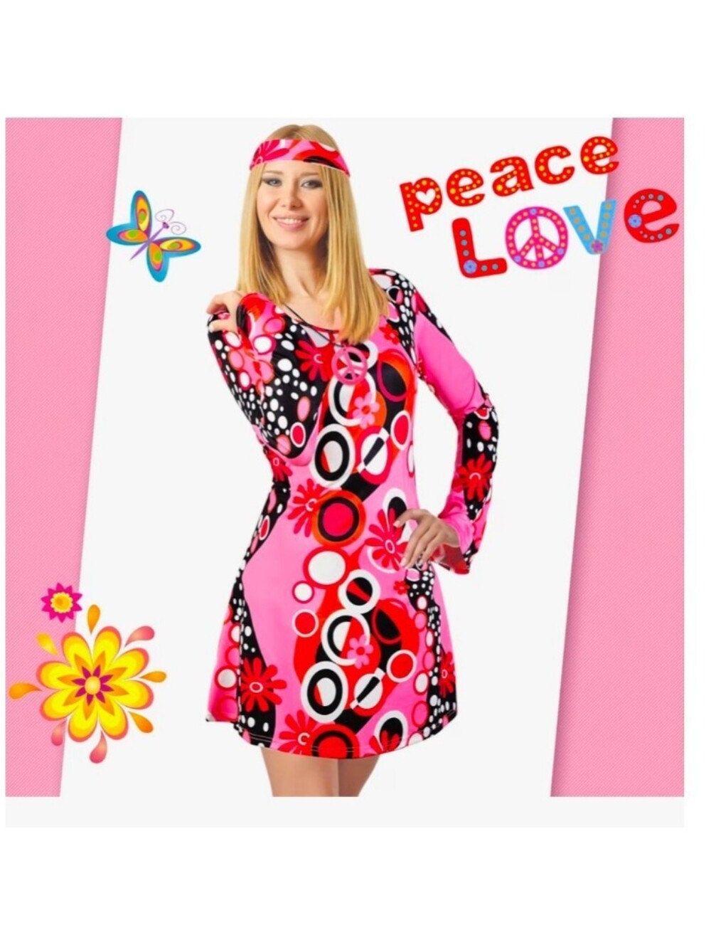Women's Pink Retro 70s Floral Mod Dress, L